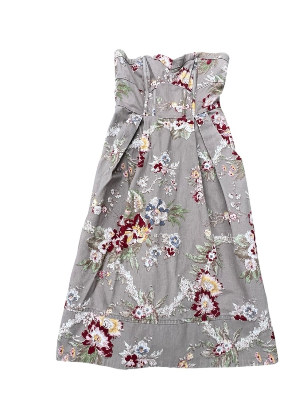 H&M Strapless Floral  Denim Sweetheart Midi Dress Gray Taupe Women's 4 Cottage - Picture 3 of 13